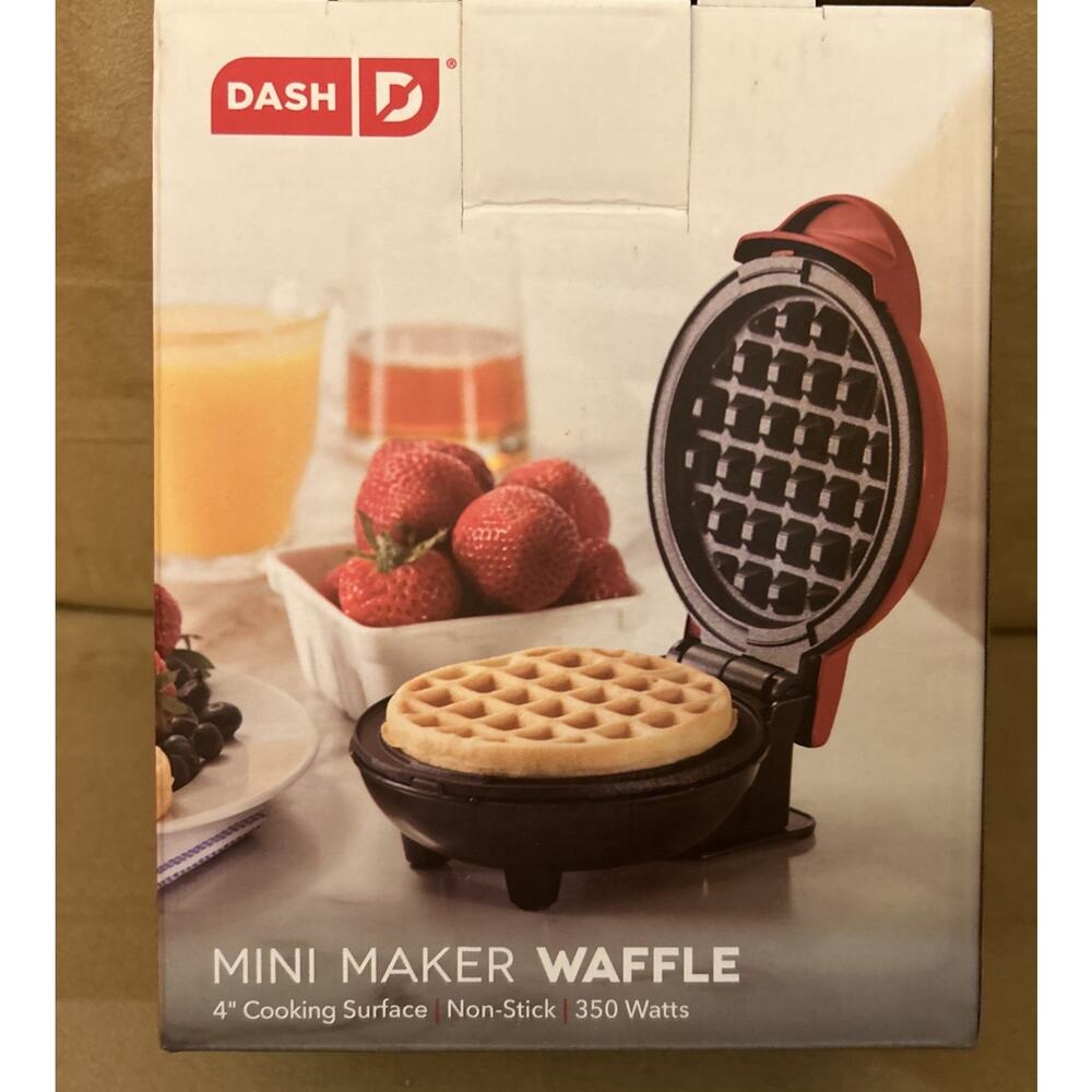 Dash Mini Waffle Maker Non Stick Red Makes 4” Delicious Waffles - NEW